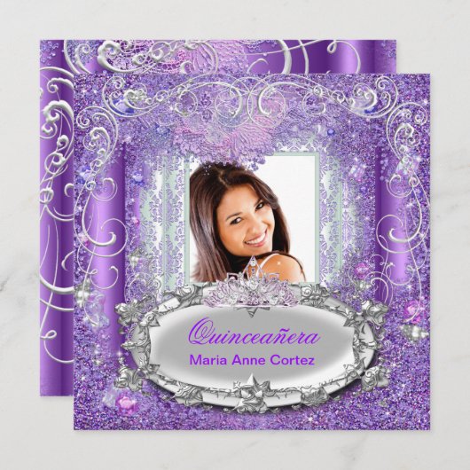 Invitation Quinceañera 15e anniversaire Purple Parties scinti (Devant / Derrière)