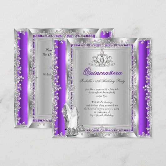 Invitation Quinceanera 15e anniversaire Purple Silver Chaussu (Devant / Derrière)