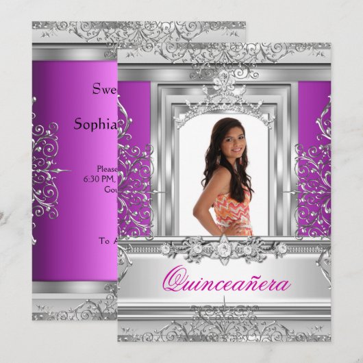 Invitation Quinceañera 15e anniversaire Purple Silver Tiara (Devant / Derrière)