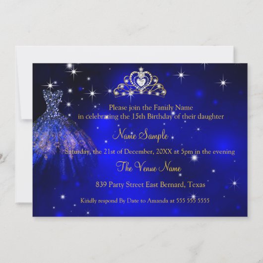 Invitation Quinceanera 15e anniversaire robe bleu foncé Tiara (Dos)