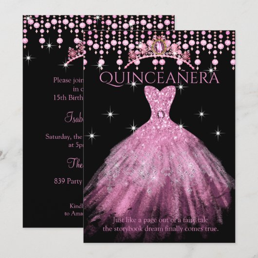 Invitation Quinceanera 15e Anniversaire Robe Rose Bleue Tiara (Devant / Derrière)