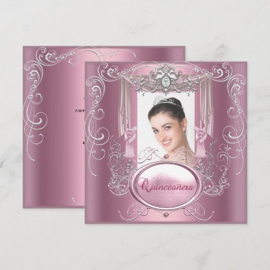 Invitation Quinceanera 15e anniversaire rose argent Star (Devant / Derrière)