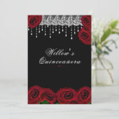 Invitation Quinceanera 15e anniversaire Roses rouges Dentelle (Debout devant)