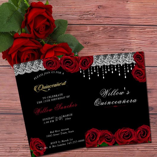 Invitation Quinceanera 15e anniversaire Roses rouges Dentelle