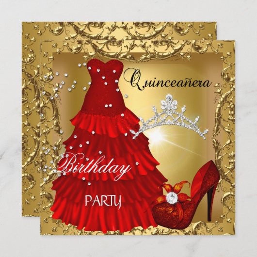Invitation quinceanera 15e Anniversaire Soirée Gold Rouge (Devant / Derrière)