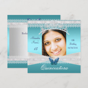 Invitation Quinceañera 15e Anniversaire Teal White Lace Photo
