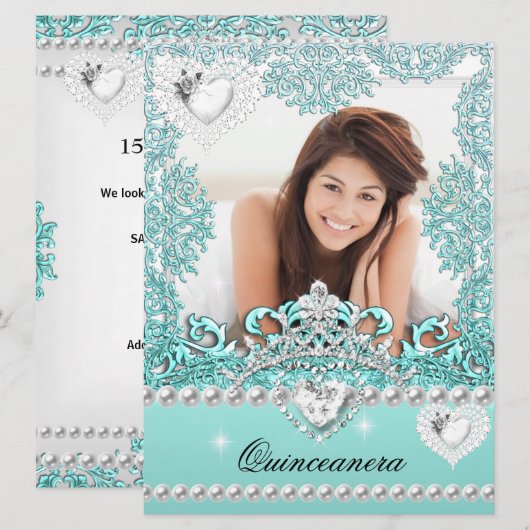 Invitation Quinceanera 15e anniversaire Turquoise bleu argent (Devant / Derrière)