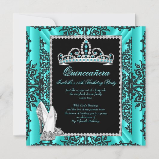 Invitation Quinceanera 15e anniversaire Turquoise bleu noir d (Devant)