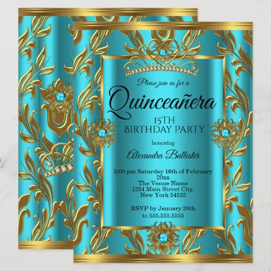 Invitation Quinceanera 15e anniversaire Turquoise Bleu Tiara  (Devant / Derrière)