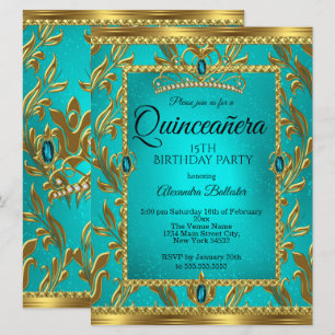Invitation Quinceanera 15e anniversaire Turquoise Blue Tiara 