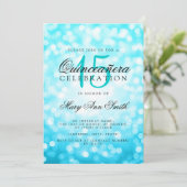 Invitation Quinceanera 15e anniversaire Turquoise Bokeh lumiè (Debout devant)