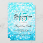 Invitation Quinceanera 15e anniversaire Turquoise Bokeh lumiè (Devant / Derrière)