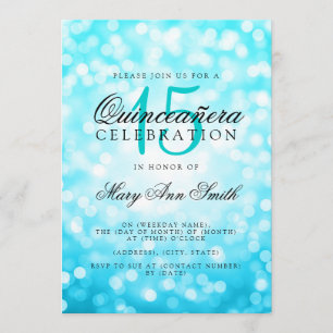 Invitation Quinceanera 15e anniversaire Turquoise Bokeh lumiè