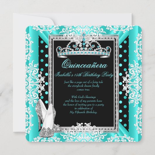 Invitation Quinceanera 15e anniversaire Turquoise points bleu (Devant)
