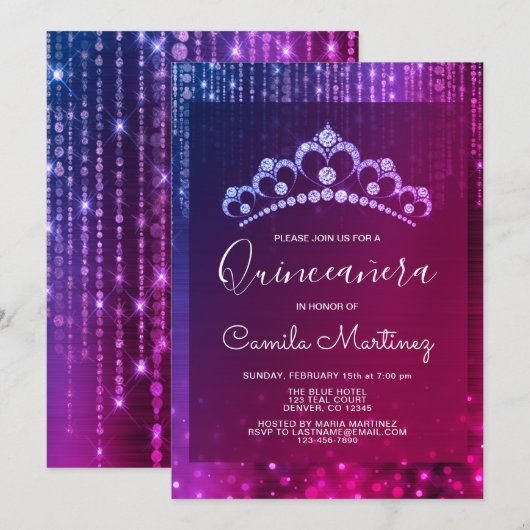 Invitation Quinceanera 15e anniversaire violet avec Tiara (Devant / Derrière)