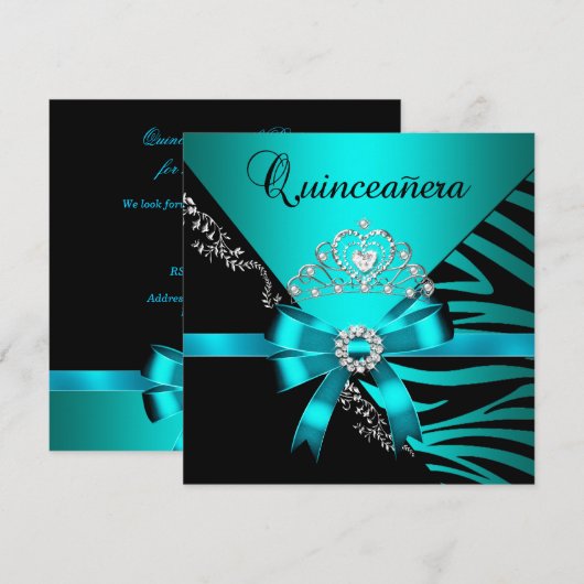 Invitation Quinceanera 15e anniversaire Zebra Blue Black Tiar (Devant / Derrière)