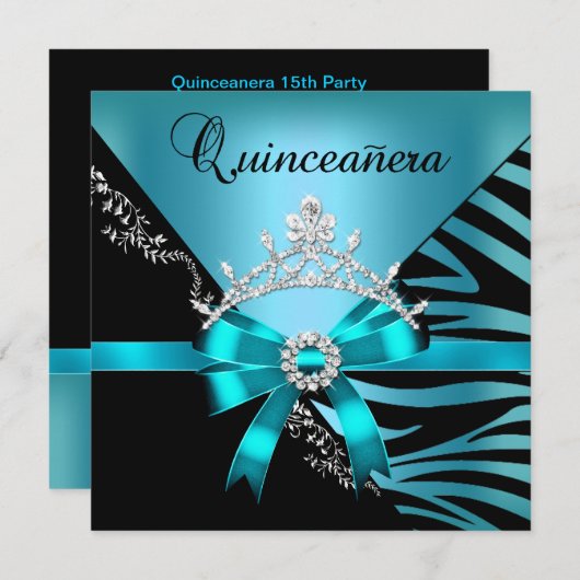 Invitation Quinceanera 15e anniversaire Zebra Blue Black Tiar (Devant / Derrière)