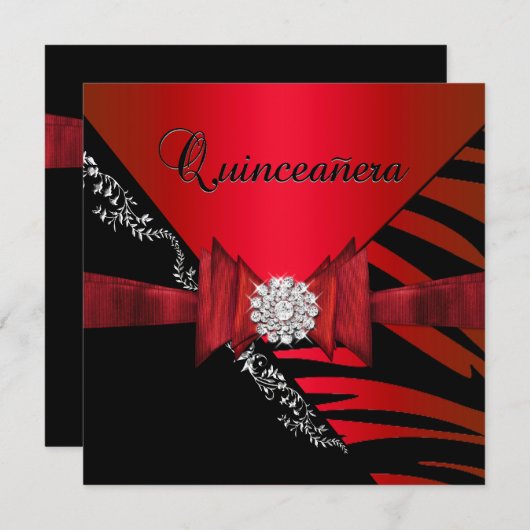 Invitation Quinceanera 15e anniversaire Zebra Red Black Tripe (Devant / Derrière)