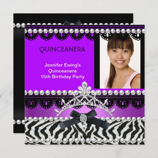Invitation Quinceanera 15e Black violet Zebra Pearl Tiara (Devant / Derrière)