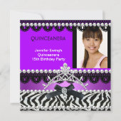 Invitation Quinceanera 15e Black violet Zebra Pearl Tiara (Devant)