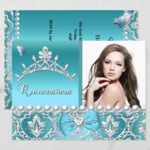 Invitation Quinceanera 15e Bleu Damassé Papillon Ajouter une