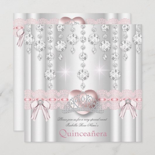 Invitation Quinceanera 15e Carreau de Coeur d'Argent Rose 2 (Devant / Derrière)