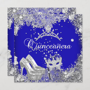 Invitation Quinceanera 15e Cobalt Blue Silver Mask Tiara