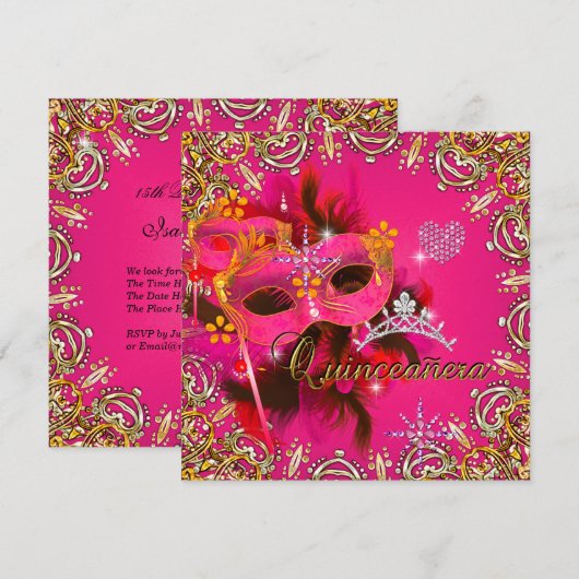 Invitation Quinceanera 15e Coral Rose Masquerade Party Gold (Devant / Derrière)