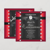 Invitation Quinceanera 15e Cravate noire noir blanc rouge (Devant / Derrière)