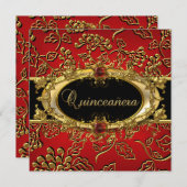 Invitation Quinceanera 15e Damask Rouge Or Noir (Devant / Derrière)