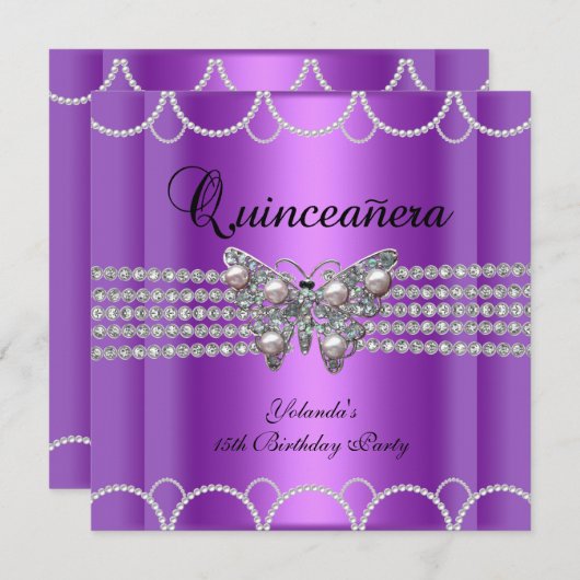 Invitation Quinceanera 15e dentelle perle de papillon pourpre (Devant / Derrière)