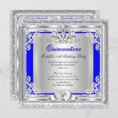 Invitation Quinceanera 15e fête d'anniversaire Blue Silver (Devant / Derrière)