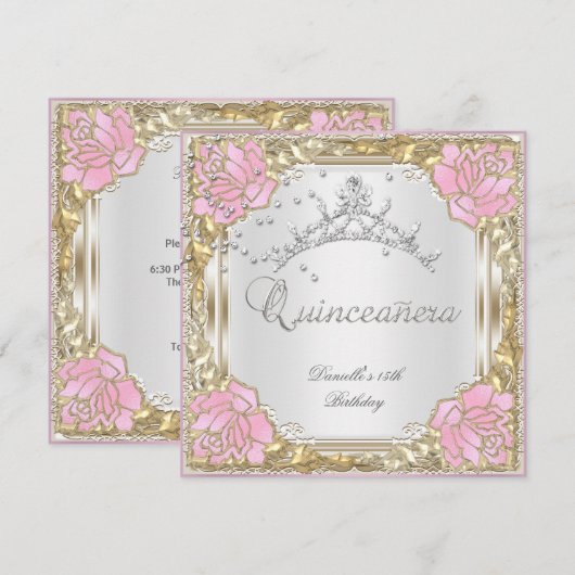 Invitation Quinceanera 15e fête d'anniversaire Doux rose blan (Devant / Derrière)
