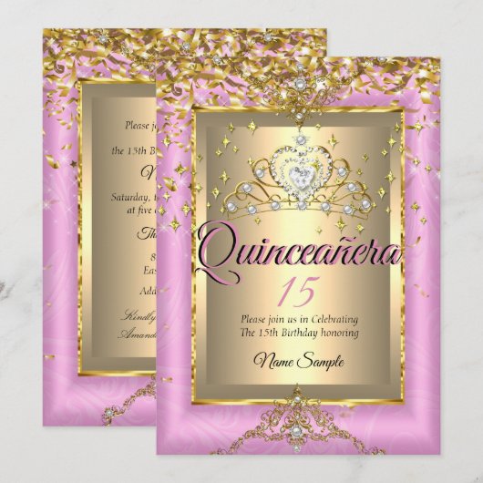 Invitation Quinceanera 15e fête d'anniversaire Gold rose (Devant / Derrière)