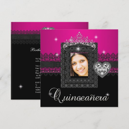 Invitation Quinceanera 15e fête d'anniversaire Rose Black Lac (Devant / Derrière)
