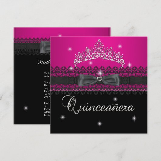 Invitation Quinceanera 15e fête d'anniversaire Rose Black Lac (Devant / Derrière)