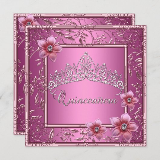 Invitation Quinceanera 15e fête d'anniversaire rose Tiara ros (Devant / Derrière)