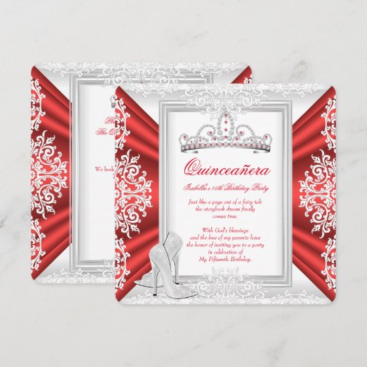 Invitation Quinceanera 15e fête d'anniversaire Rouge blanc (Devant / Derrière)