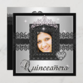 Invitation Quinceanera 15e fête d'anniversaire Silver Black L (Devant / Derrière)
