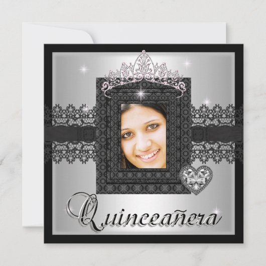 Invitation Quinceanera 15e fête d'anniversaire Silver Black L (Devant)