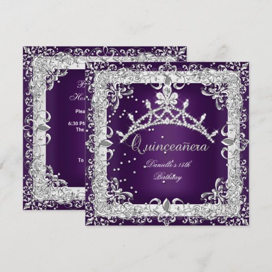 Invitation Quinceanera 15e fête d'anniversaire Silver Purple (Devant / Derrière)