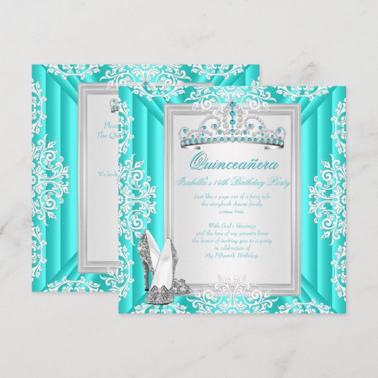 Invitation Quinceanera 15e fête d'anniversaire Turquoise bleu (Devant / Derrière)