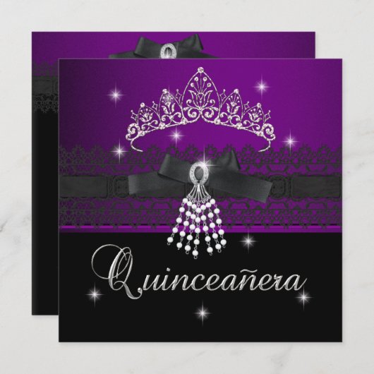 Invitation Quinceanera 15e fête d'anniversaire violet noir (Devant / Derrière)