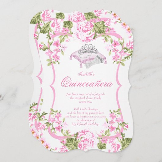 Invitation Quinceanera 15e fleurs de roses douces roses (Devant / Derrière)