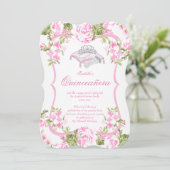 Invitation Quinceanera 15e fleurs de roses douces roses (Debout devant)