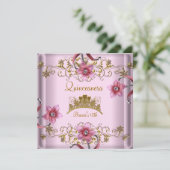 Invitation Quinceanera 15e Fleurs roses Gold Tiara (Debout devant)