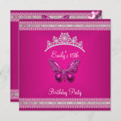 Invitation Quinceanera 15e Fushia Papillon Tiara rose (Devant / Derrière)
