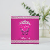 Invitation Quinceanera 15e Fushia Papillon Tiara rose (Debout devant)