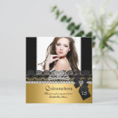 Invitation Quinceanera 15e Gold Silver Photo Black Lace (Debout devant)