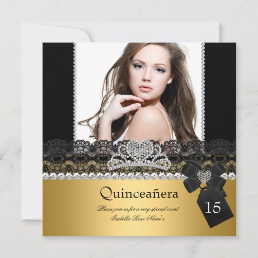 Invitation Quinceanera 15e Gold Silver Photo Black Lace (Devant)